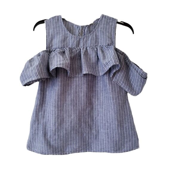 Crew Factory Cold Shoulder Ruffle Chambray Striped Top sz 2 - Picture 9 of 9